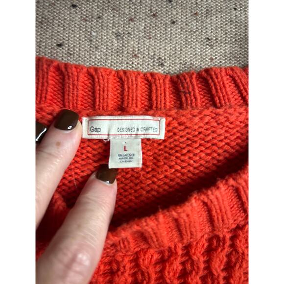 Gap Poppy Red Cotton Cable Knit Fisherman Sweater Women’s Large - Picture 2 of 6